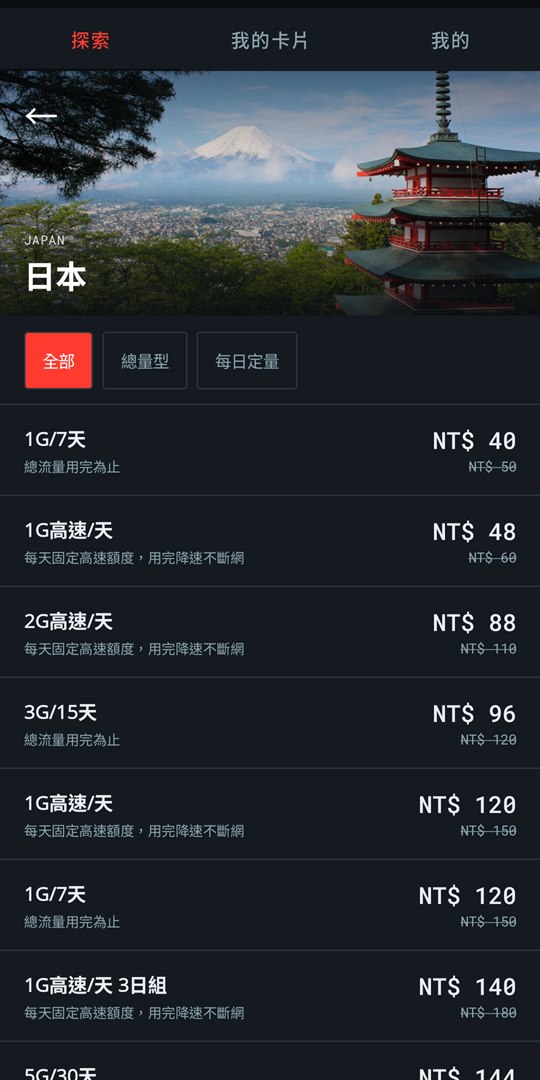 方案列表：同一個國家的各種流量與天數方案